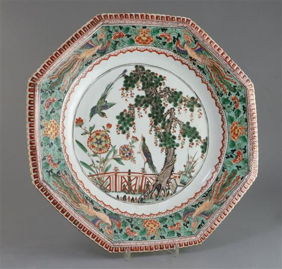 A large Chinese famille verte octagonal dish, Kangxi period, W. 39cm